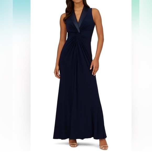 Adrianna Papell Sleeveless Tuxedo Twist Front Prom Gown MOB Navy Evening Dress 8 - Picture 1 of 15